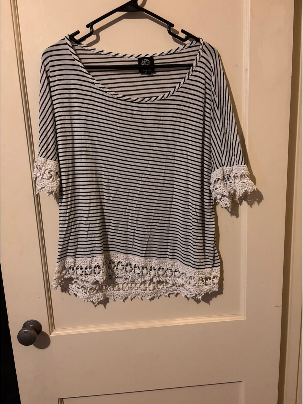 Bobeau Women's Striped Top with Crochet Lace Trim, Size Small